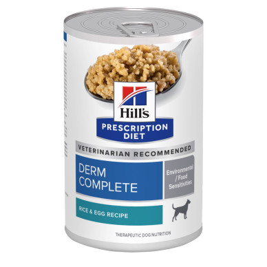 Hill’s Prescription Diet Canine Derm Complete – Hrană Umedă pentru Câini cu Alergii și Probleme de Piele, 370 g